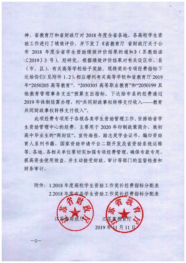 苏财教〔2019〕138号 江苏省财政厅 江苏省教育厅关于下达2018年度全省学生资助工作奖补经费指标的通知_页面_02.jpg